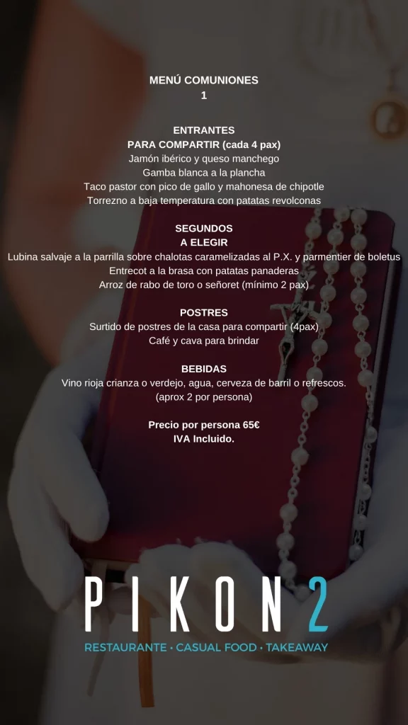 Menú de comunión en Carabanchel Madrid con entrantes para compartir, carne o pescado a elegir y postre en restaurante Pikon2