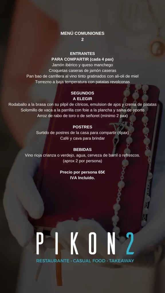 Menú de comunión para grupos en Madrid con platos a elegir y bebidas incluidas en restaurante Pikon2 Carabanchel